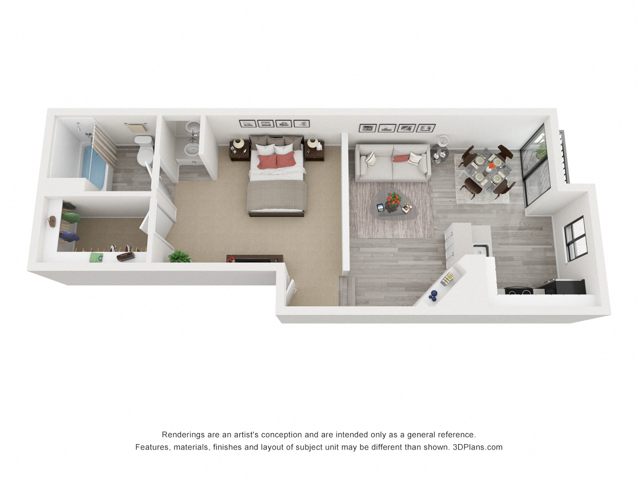 Floor plan for studio, 1 bath, 610 sqft